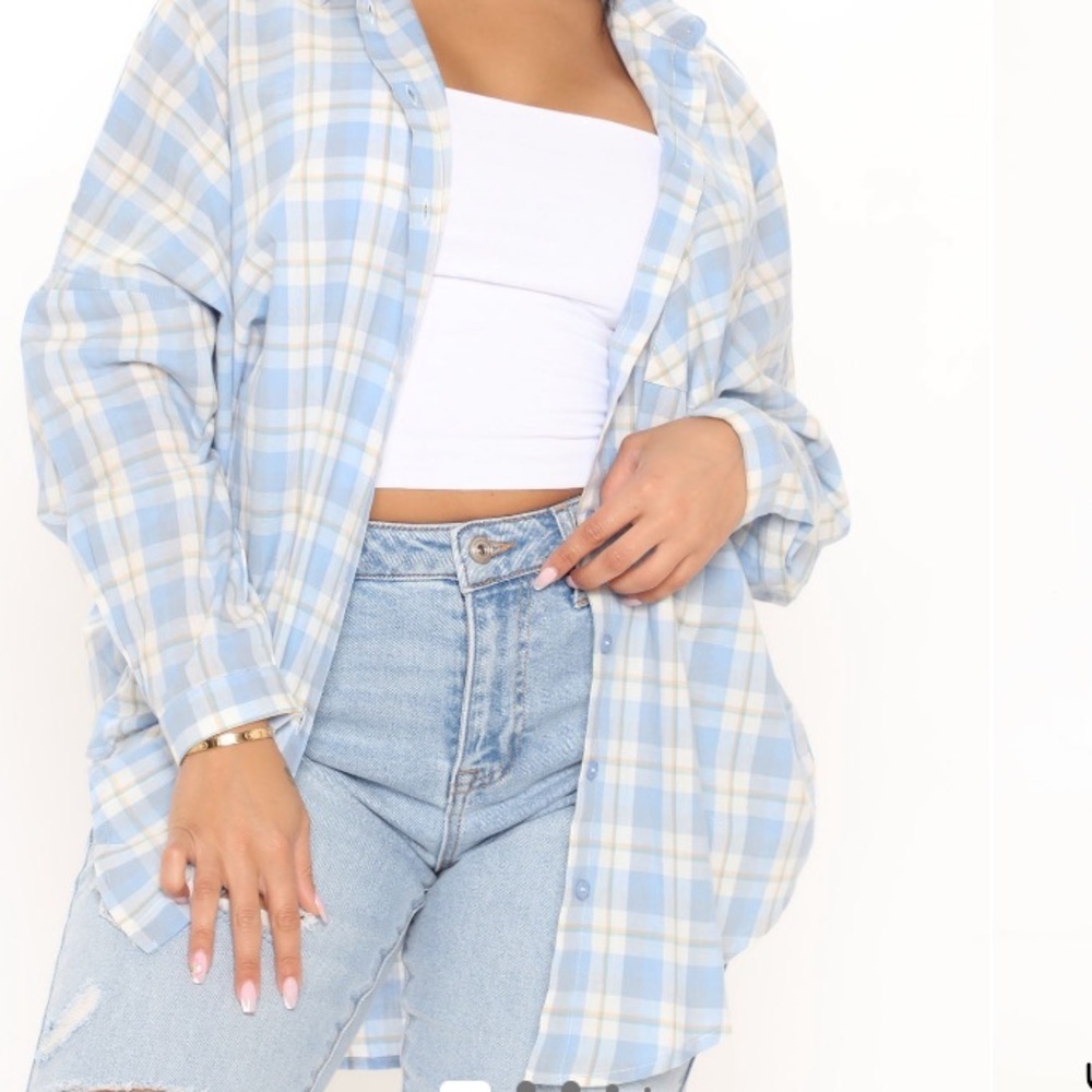 Fashion Nova Light Blue Oversized Plaid Shirt - Picture 6 of 6